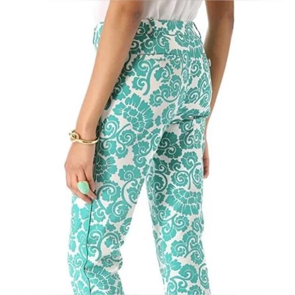 Tory Burch Walton Ankle Pants Teal Green Paisley Size 10 Cotton - Picture 3 of 9